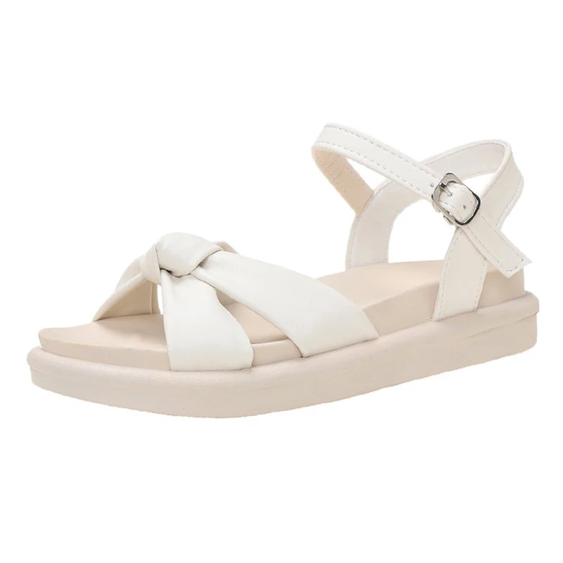 

2021 Butterfly Knot Ankle Strap Buckle Hollow Female Flats Shoes Fashion Roman Casual Summer Platform PU Leather Women Sandals
