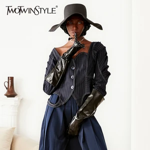 Женское пальто в полоску TWOTWINSTYLE, с квадратным вырезом, длинными рукавами-фонариками, 2020