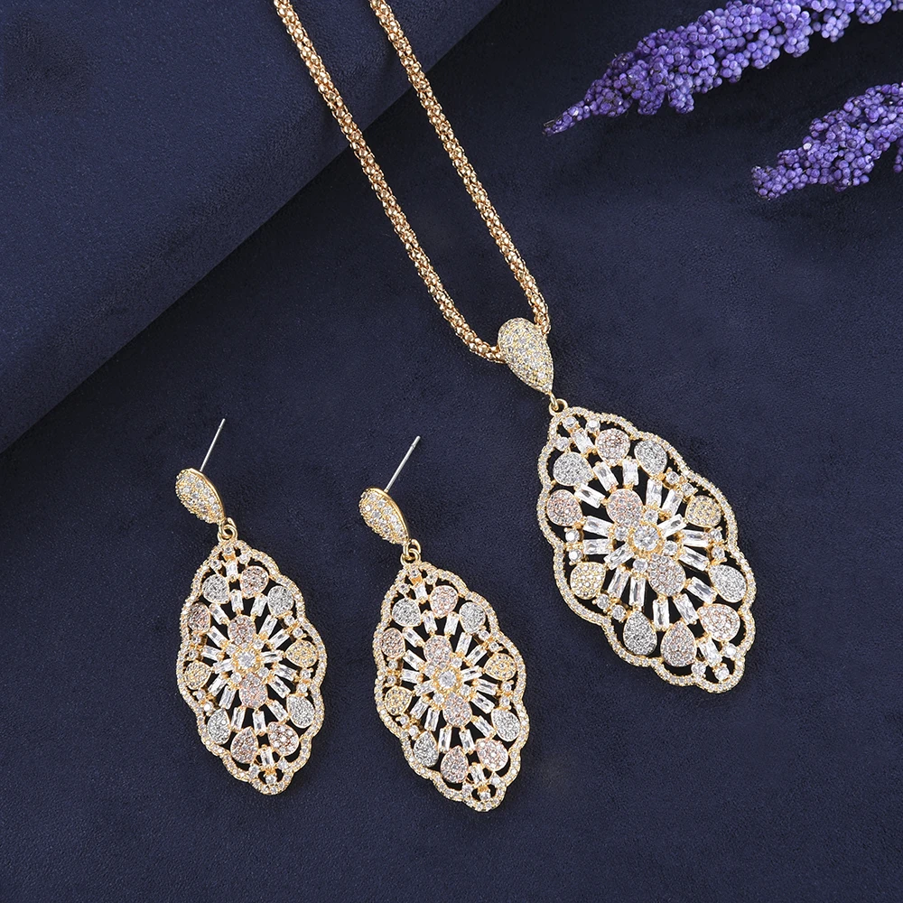 LARRAURI Fashion Jewelry Set Wedding Jewelry Earrings For Women Deluxe Indian Oval Flower Pendant Necklace Drop Dangle Earrings