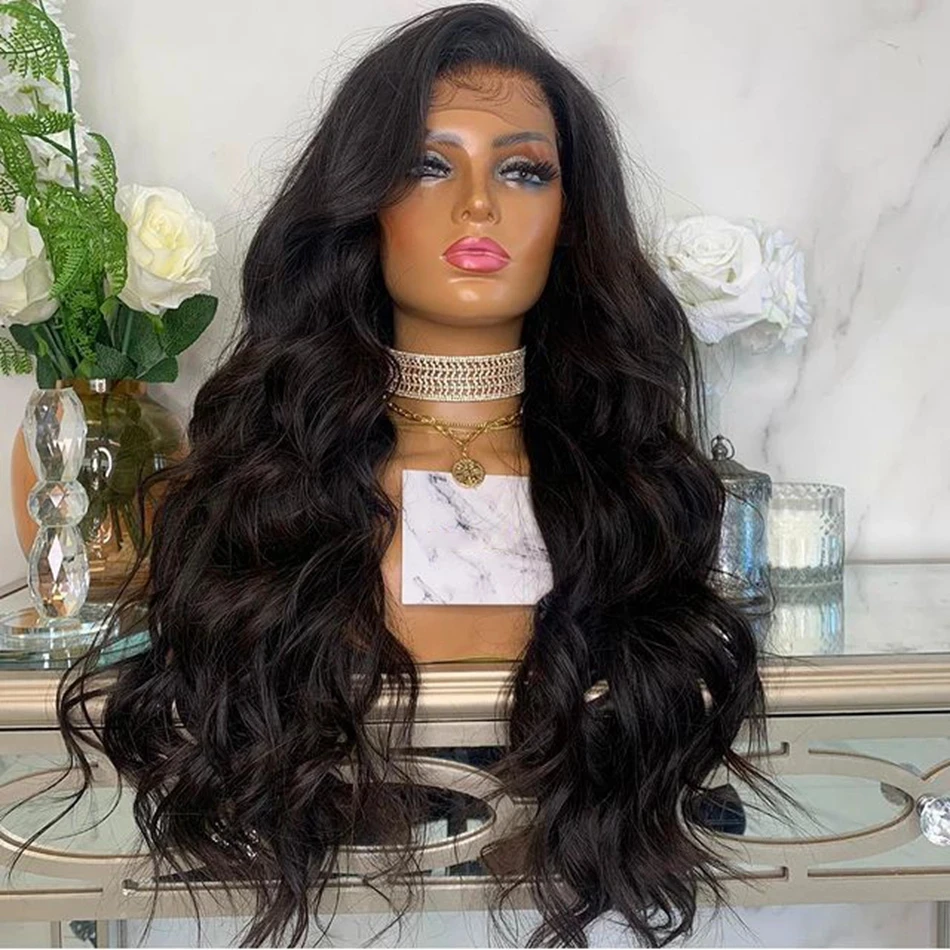 

26 дюймов длинные волнистые синтетические термостойкие волосы, кружевной передний парик для черных женщин, дешевые пластиковые волнистые в...