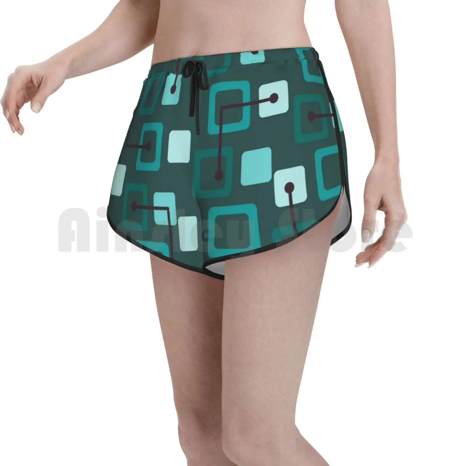 

Шорты Midcentury 1950s для плавания с плиточными и квадратными краями, женские пляжные шорты, современные шорты среднего века для середины века, со...