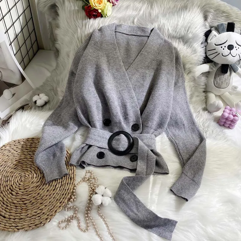 

2020 Trendy Sweater Fashion Lady Autumn Coat Korean Style V Neck Belt Long Sleeve Double Breasted Knitted Shirt Women
