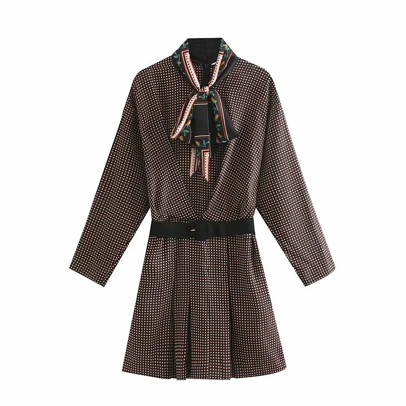 офисное женское ретро платье плиссированное с поясом повседневные тонкие