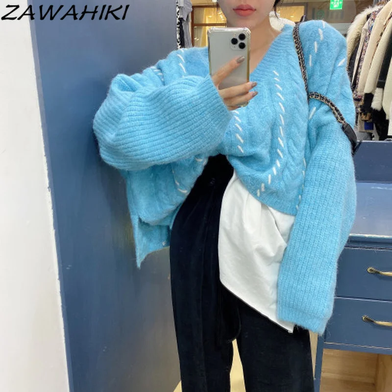 

Осенне-зимняя женская одежда zawхиты, Корейская шерстяная темпераментная ретро-одежда контрастных цветов, свободный тканый короткий вязаны...