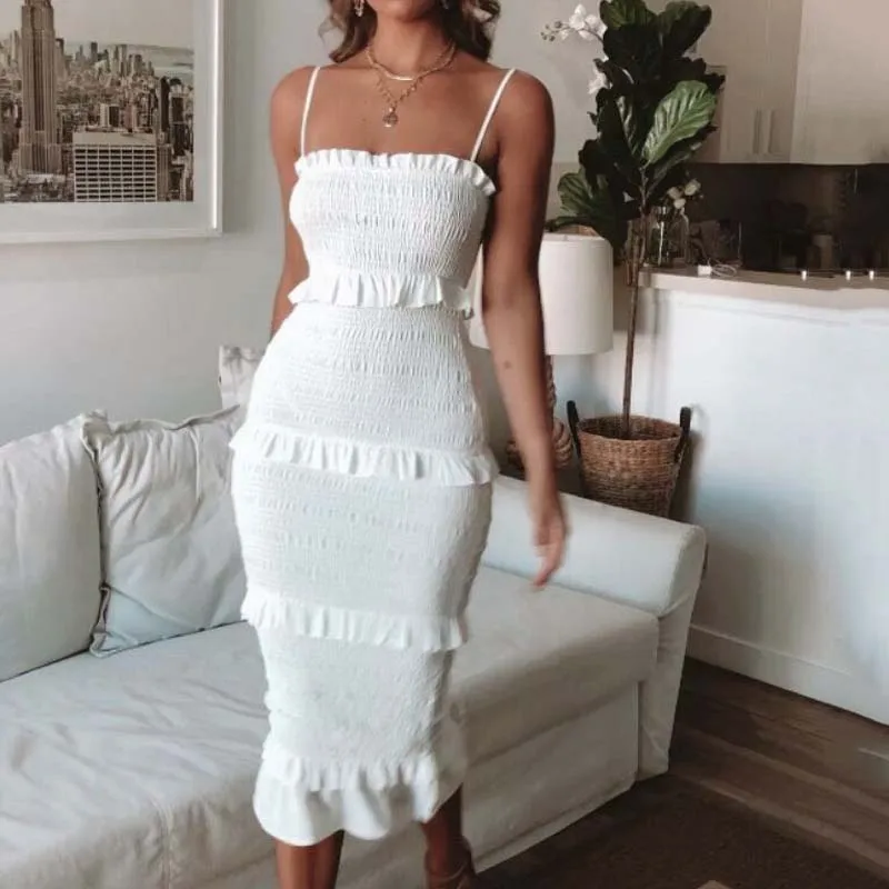 

New Fashion Summer Fashion Sling Long Dress Women 2020 Casual Party Dress Female Ruffles Vestidos Plus Size Natural Solid Dress