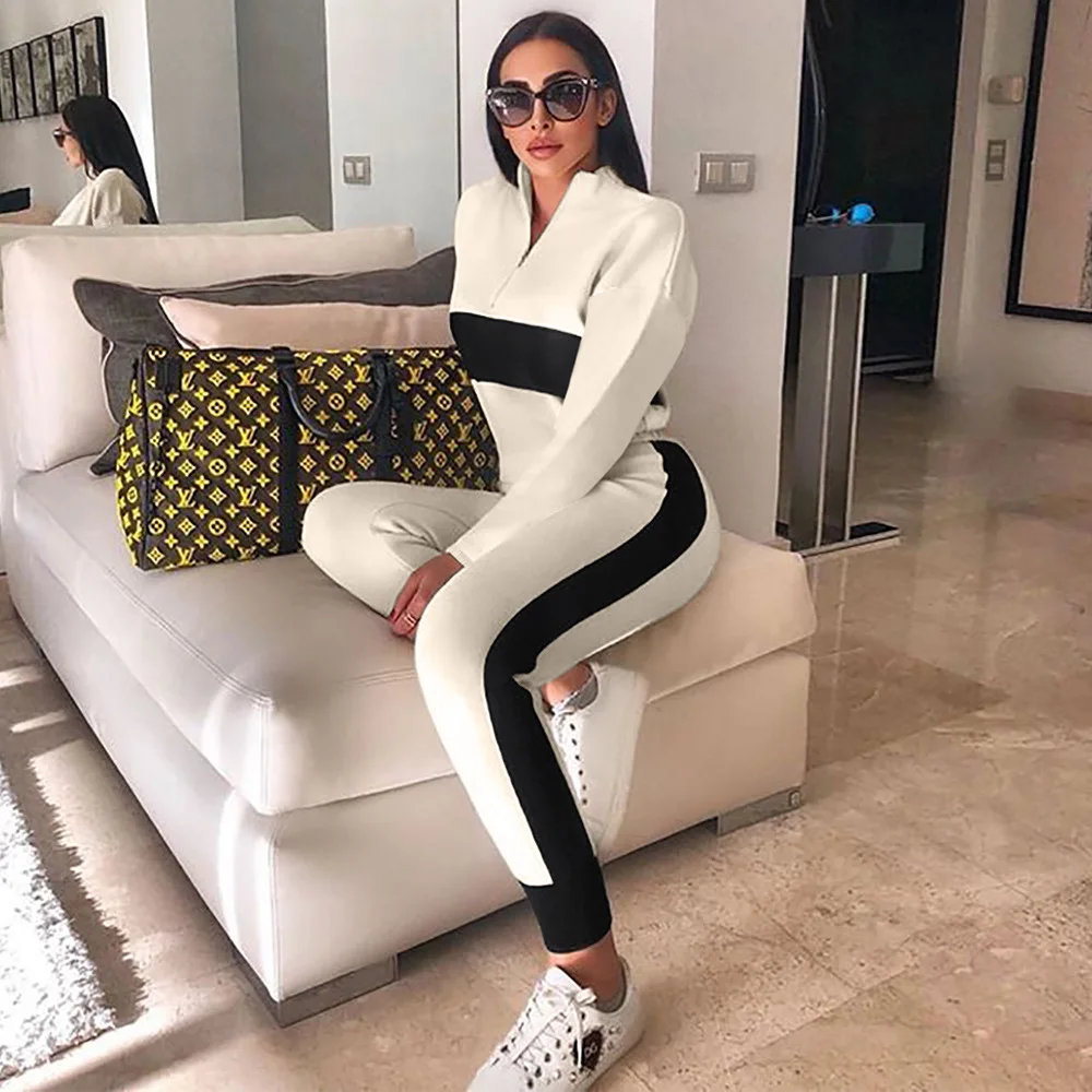 

Women 2 Piece Set Spring Autumn Casual ContrastColor Stand Collar Zipper Up Long Sleeve Top High Waist Pants Tracksuit