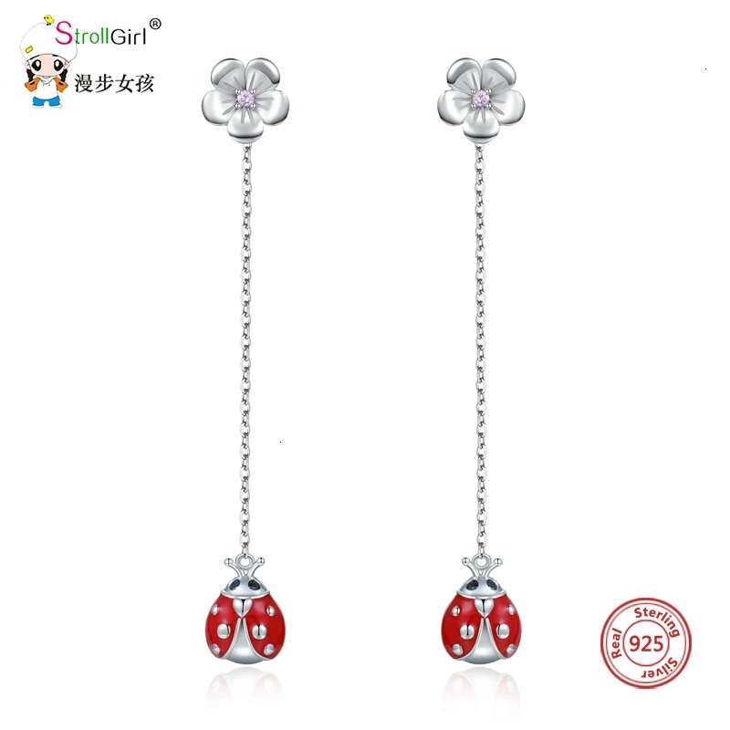 

Strollgirl Authentic 925 Sterling Silver Cute Red Enamel Ladybug Stud Earrings Long Tassel Animal Earring Fashion Gift for Women
