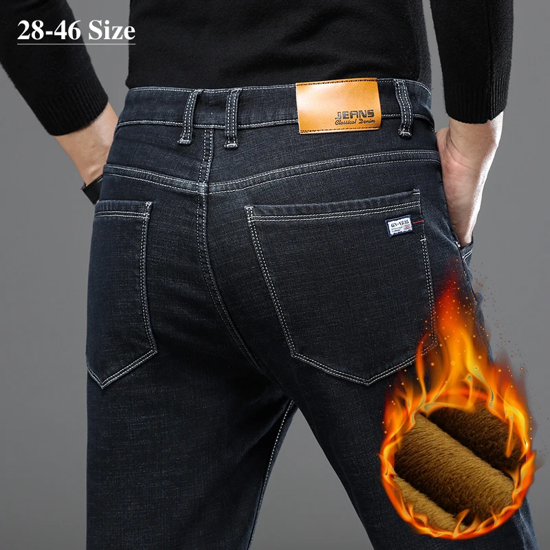 

Plus Size 42 44 46 Men's Winter Fleece Jeans 2020 New Business Casual Loose Straight Warm Denim Pants Brand Trousers Male