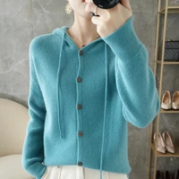 2021 spring autumn new pure wool knitted cardigan womens hooded sweater large size loose casual all match single breasted top