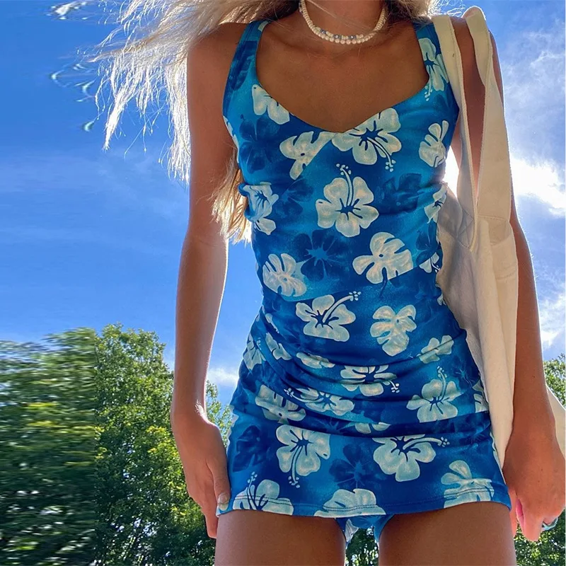 

Blue Floral Print Cute Y2K Mini Dresses Women Beach Vacation Clothes Sleeveless Spaghetti Strap Bodycon Summer Dress
