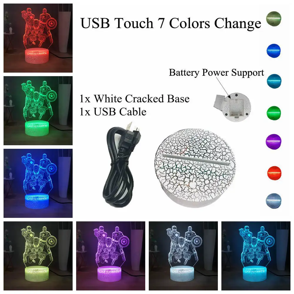 W-USB Touch 7 colors СВЕТОДИОДНЫЙ 3D ночник герой Marvel Капитан Америка Человек-паук Tron человек разноцветный USB ВЫКЛЮЧАТЕЛЬ, настольная лампа подарок на день рождения детей - Испускаемый цвет: W-USB Touch 7 colors