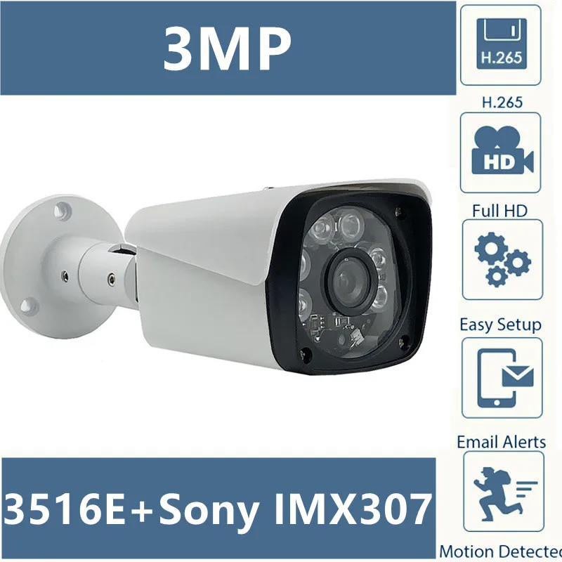 

3MP 3516E+Sony IMX307 IP Metal Bullet Camera Outdoor IP66 WaterProof H.265 Low illumination 4 Array LEDs IRC Onvif VMS XMeye P2P