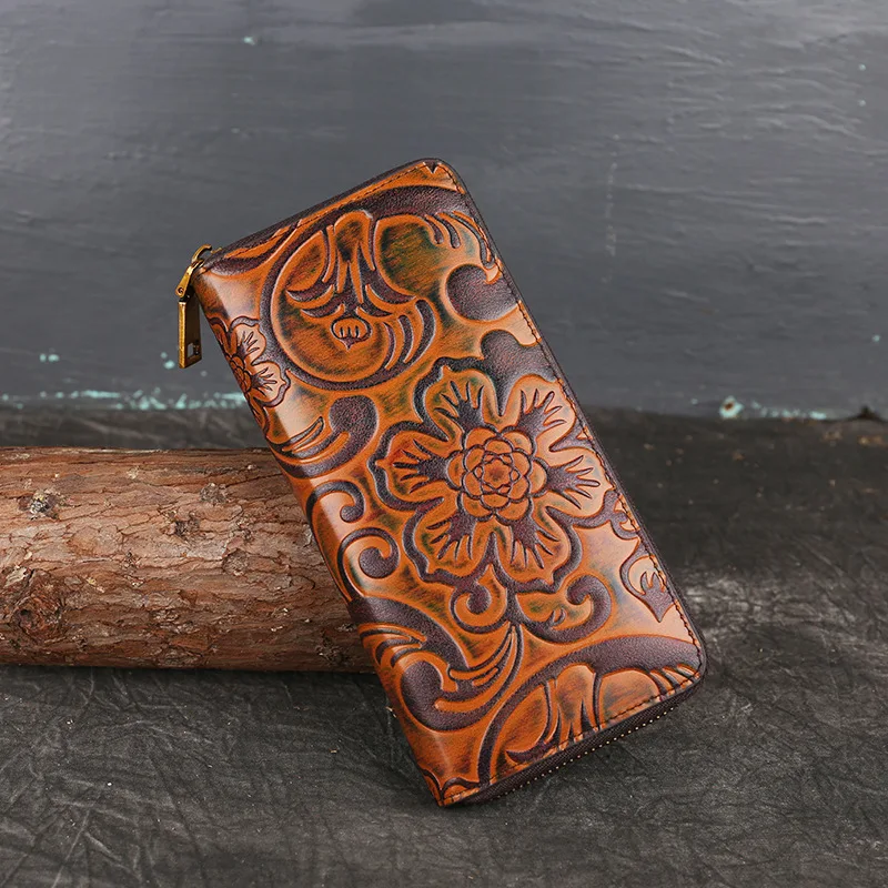 

AECLVR Genuine Leather Wallet New Women's Hand Bag Fashion Embossed Long Purse Top Leather Vintage Leather Zipper Women's Purse