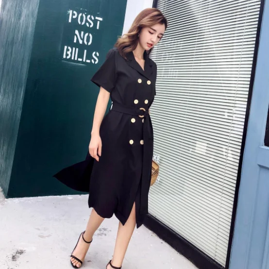 Summer Notched Long Shirt Dress 2020 Women Sashes Double Breasted Short Sleeve Female Lace-up Slim Waist Vestidos AQ300 | Женская одежда