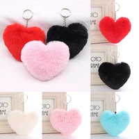 heart shape fluffy heart keychain for women pompom faux rex rabbit fur key chain girl bag charms hang car key ring jewelry