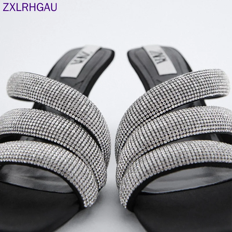

Women's Slippers 2021 Summer New Fashion Black Rhinestone High Heels Square Toe Open Toe Stiletto Sandals