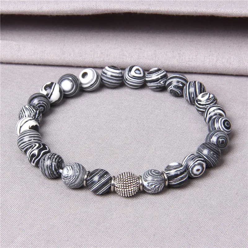 

Natural Stone Beads Bracelets Men Alloy Ball Charm Bangle Green Malachite Bracelet For Women Jewelry Couples Elastic Pulsera