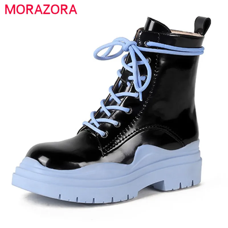 

Женские ботинки из натуральной кожи MORAZORA, черные ботинки из натуральной кожи на плоской платформе, со шнуровкой, для зимы, 2019