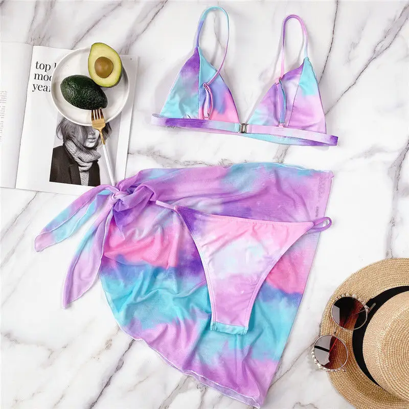 

2021 Summer New Sexy Three Piece Women Tie-dye Bikini Swimsuit Swimwear Bra Beach Wear