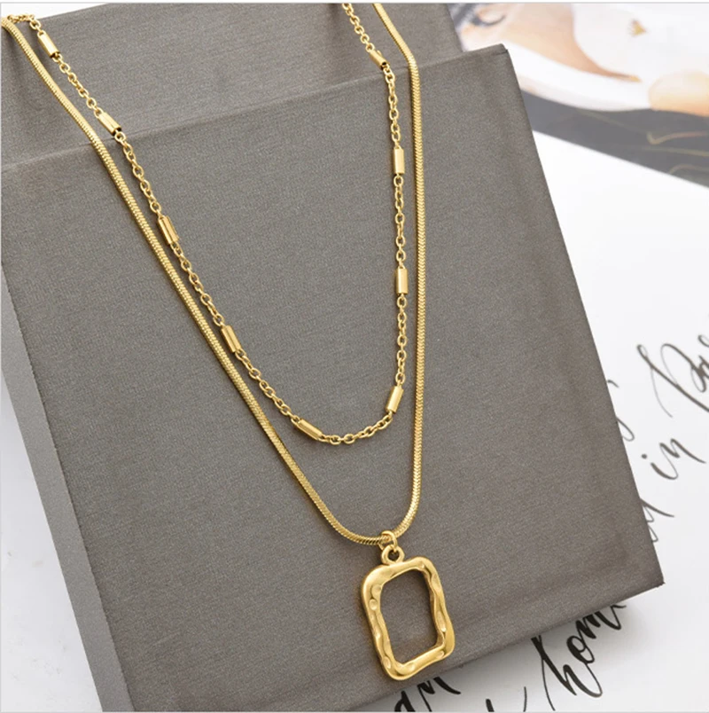 

XIYANIKE 316L Stainless Steel Gold Color Rectangle Pendant Necklaces For Women Two Layer Choker 2021 Trend Fashion Gift Jewelry