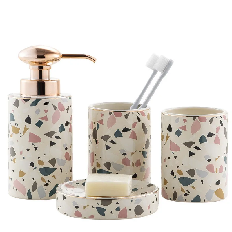 

WSHYUFEI 4Pcs/Set Nordic Upscale Ceramic Bathroom Kit Lotion Dispenser Mouthwash Cup Soap Dish Modern Toilet Home Decor