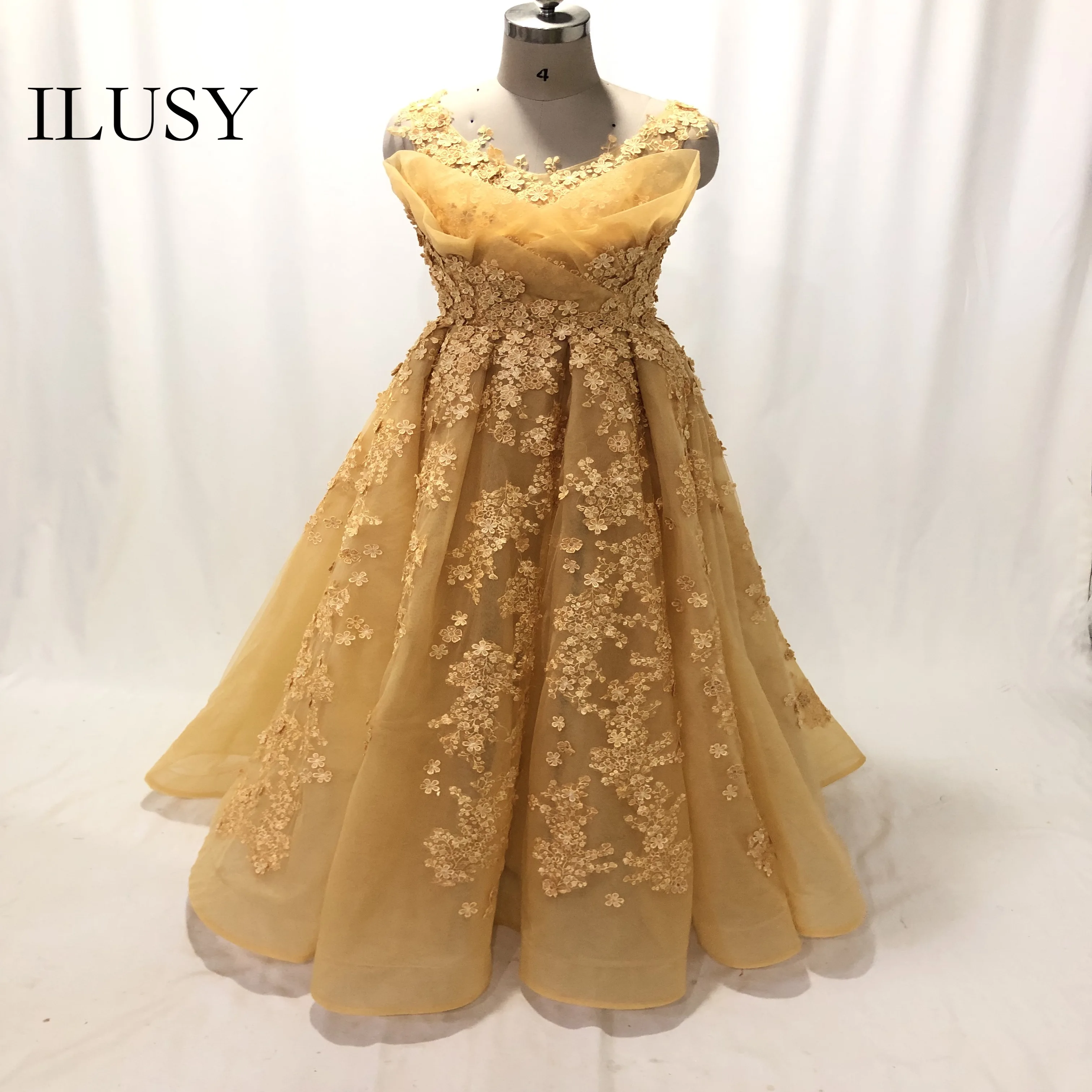

ILUSY Dark Yellow Flowers Evening Gowns V-neckline Elegant Evening Dresses Robe De Soiree