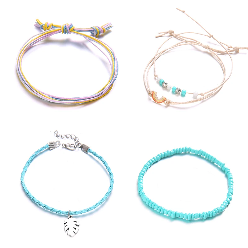4 шт./компл. Винтаж женские браслеты Цветной Плетеный кожаный шнур из бисера с