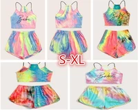 new fashion new tie dye letter printed suspenders top sports shorts suit for women shirt statement trendy polyester t shirt