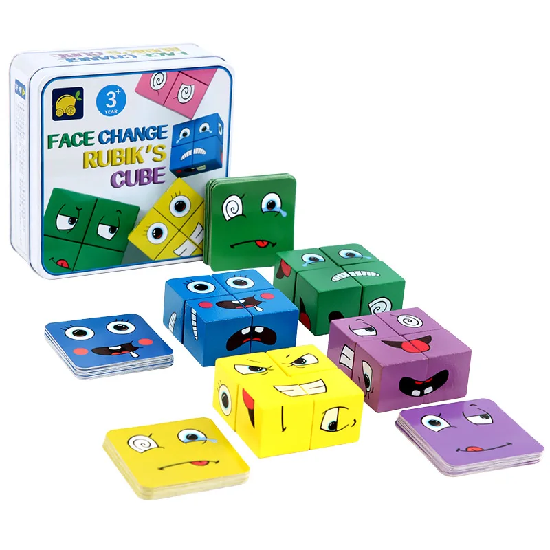 

Children Toys Face Changing Building Block Wooden Toys Cartoon Cube Assembly Games Kid Portable Gift Relief Montessori