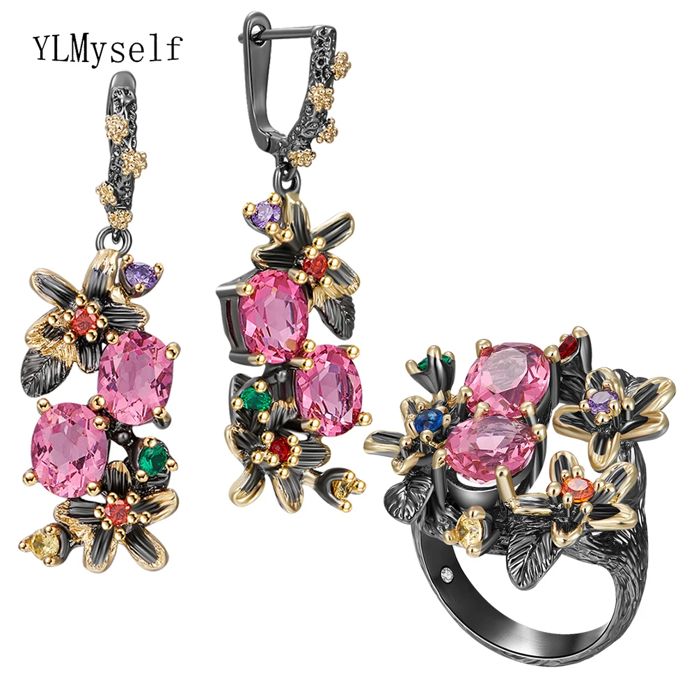 

Beautiful Pink Red Crystal Earrings Ring Jewellery Set Flower Earrings Multi Zircon 2 Tone Brass 2pcs Jewelry Sets Wedding gifts