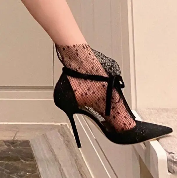 Fashion Ladies Black Lace Mesh Pointed Toe Pumps Woman Lace Up Front 7/9 cm Stiletto Heels Tube Short Night Club Party Shoes