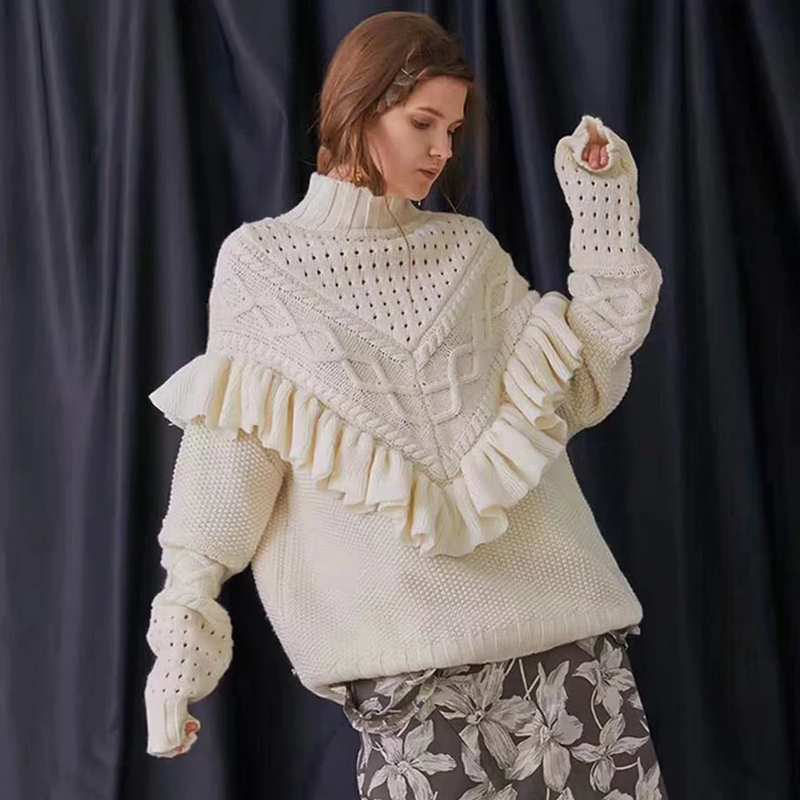 Женский пуловер оверсайз TEELYNN теплый толстый свитер с оборками свободная