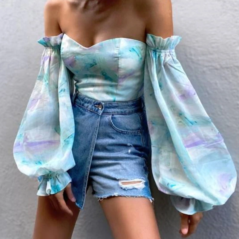 

Women Sexy Off Shoulder Ruffles Summer Crop Top Long Sleeve Ladies 2021 Korean Style Fashion Leaf Printed Holiday Beach Shirt