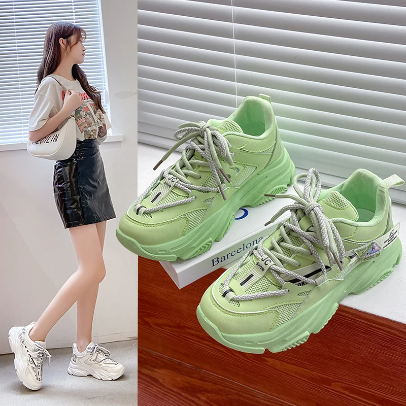 

Summer Thick-soled Mesh Lady Black Korean Breathable Sneakers Heighten White Sport Running Shoes for Women