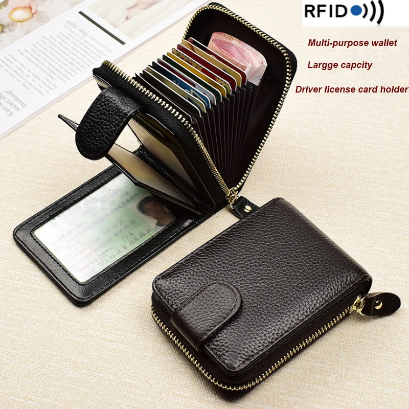 Top Quality Unisex RFID Blcoking Genuine Leather Large Capacity Multi-Purpose  Pocket  WalletCredit Card Drivers Licesen Holder