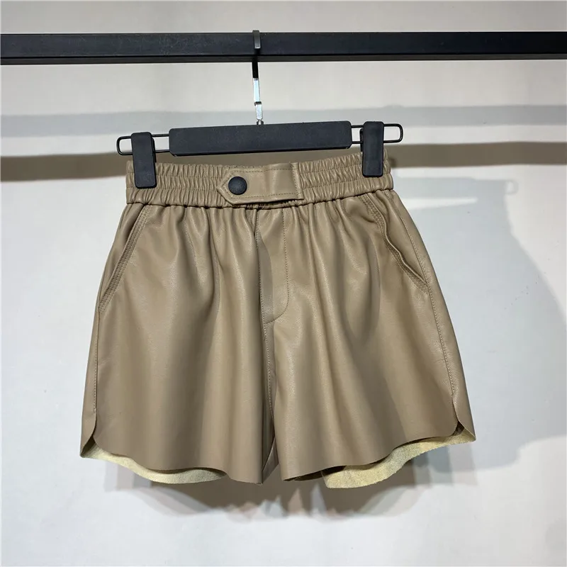 Модные женские шорты с высокой талией из искусственной кожи черный пояс широкие
