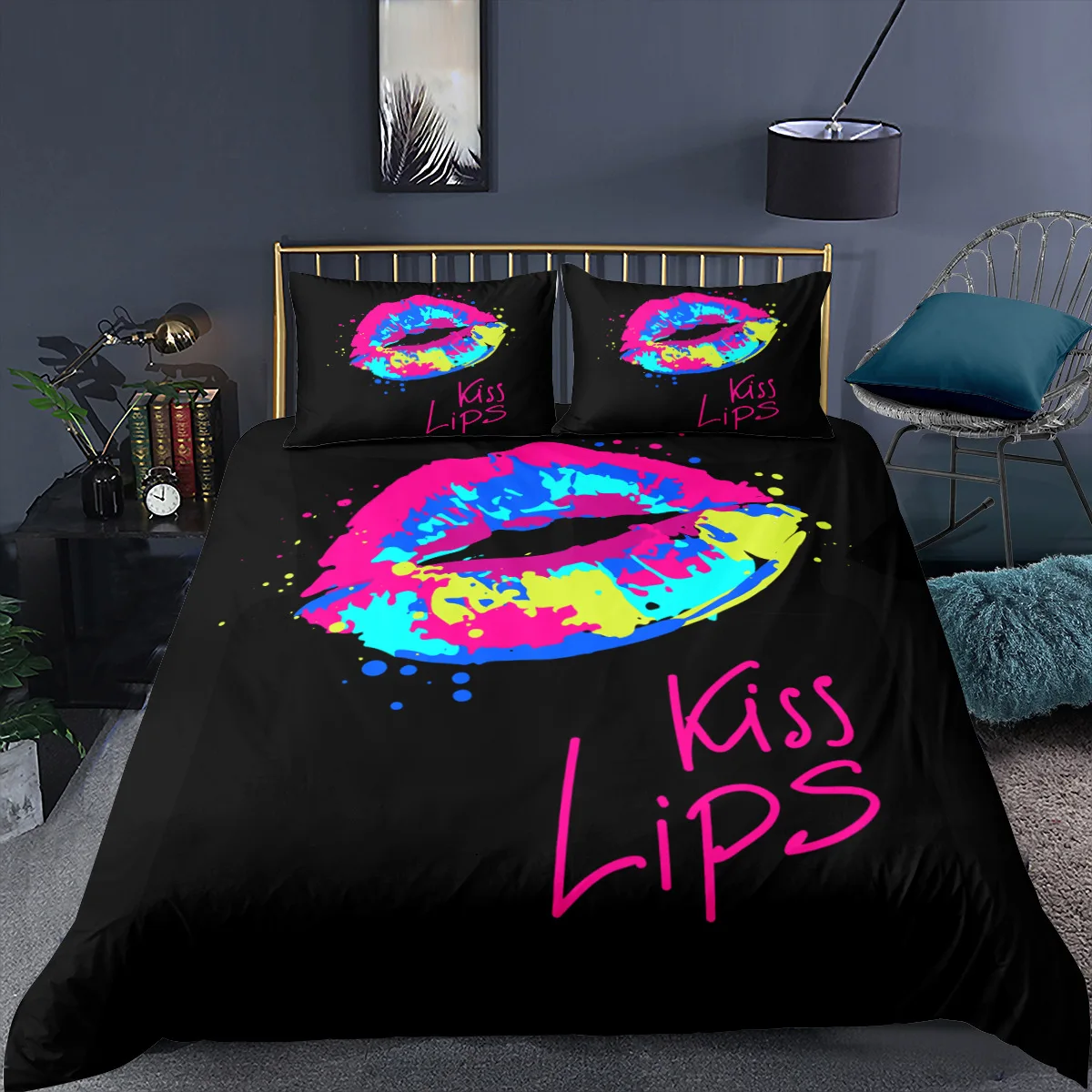 Couple Bed Quilt Cover 180X210 Chromatic Color Hot Kiss Lips Printed Duvet Cover With Pillowcase King Size Bedding Soft Home images - 6