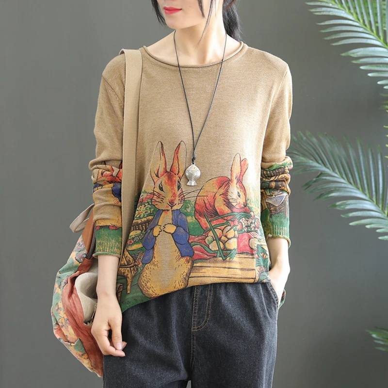

Cartoon Printed Vintage Sweater Women Korean Style Knitted Large Size Loose Casual Retro Pullover Female Oversized Knitwear