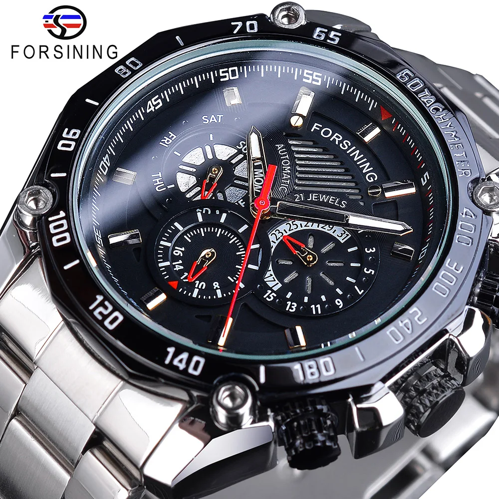 Forsining Date Display Luminous Hands Complete Calendar Men's Automatic Watches Top Brand Luxury Silver Stainless Steel Bracelet