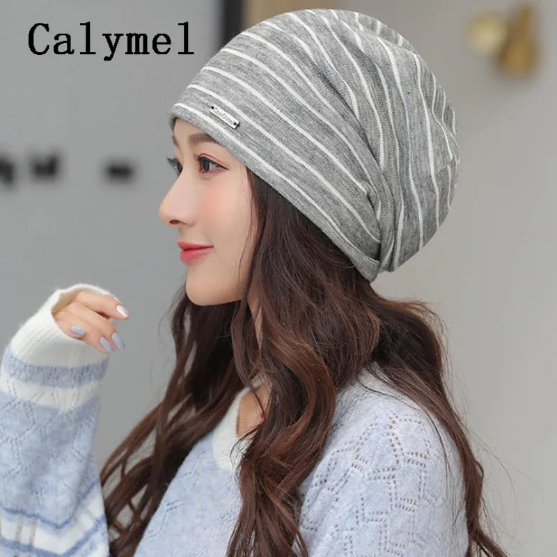 Женские вязаные шапки с капюшоном Calymel теплые хлопковые в полоску 5 цветов