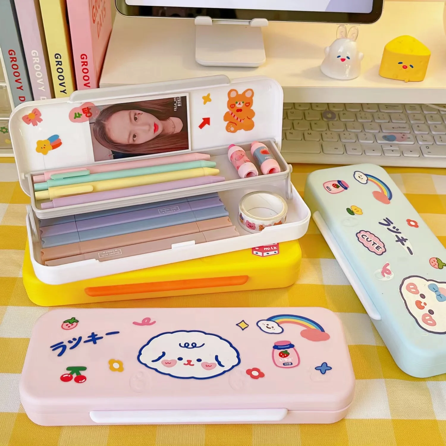 

Cute Double-layer Pencil Case Large Capacity Portable Box Cartoon Stationery box Storage Box fold Pen case organizer for Student