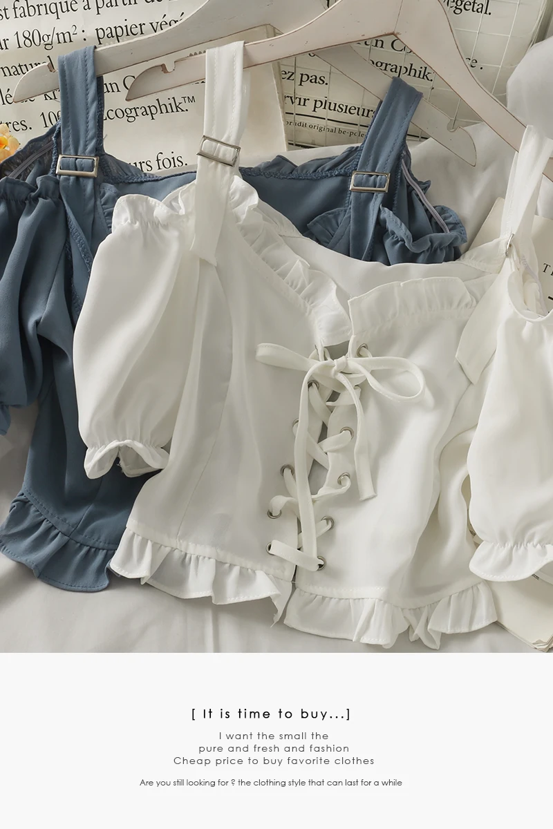 

2021 Summer draw rope tie shirts women bubble sleeves T shirt