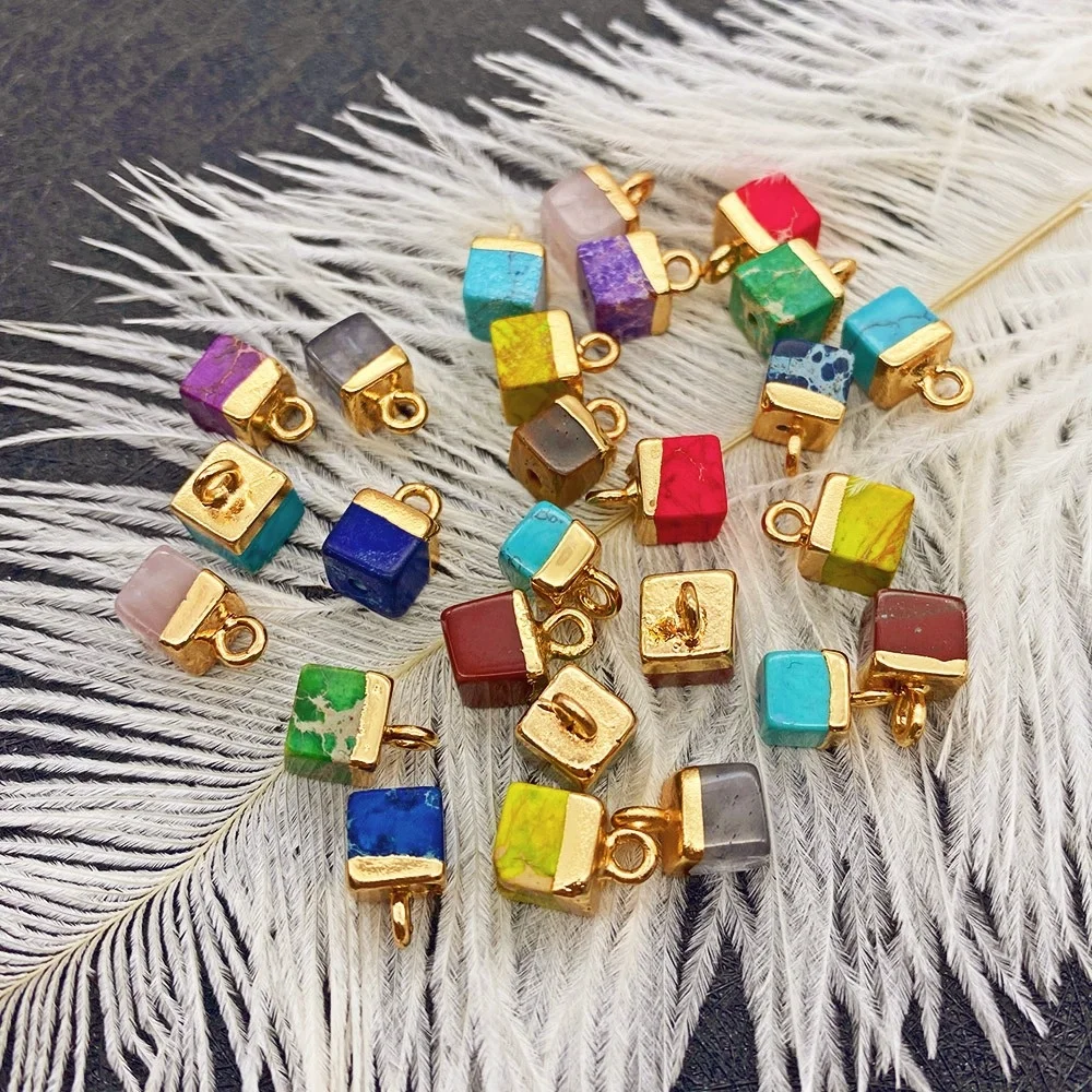 

2pcs Natural Stone Crystal Agate Necklace Pendant Earrings Cube Shape Green Purple Plating Process Fashion Charm Jewelry Making