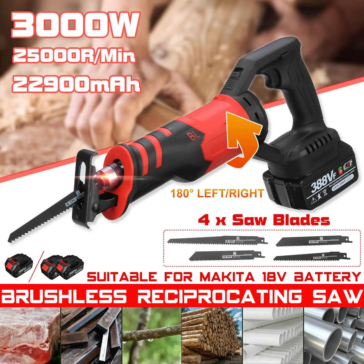 

3000W Brushless Reciprocating Saw Electric Saw Cutting 3 Angle Modes Portable Cordless Power Tools For Makita 18V Battery