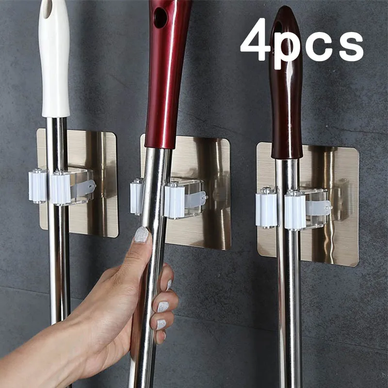 

2/4pcs Adhesive Multi-Purpose Hooks Wall Mounted Mop Organizer Holder RackBrush Broom Hanger Hook Kitchen Bathroom Strong Hooks