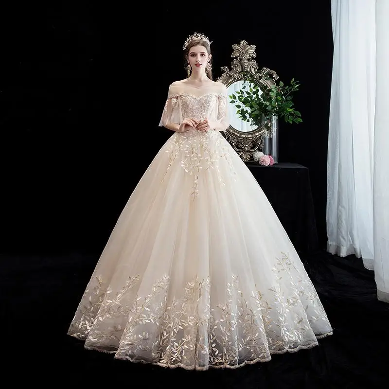 Wedding Dress Short Sleeve Boat Neck Light Champagne Lace Up Ball Gown Princess Luxury Lace Wedding Dresses Plus Size - Цвет: champagne floor leng