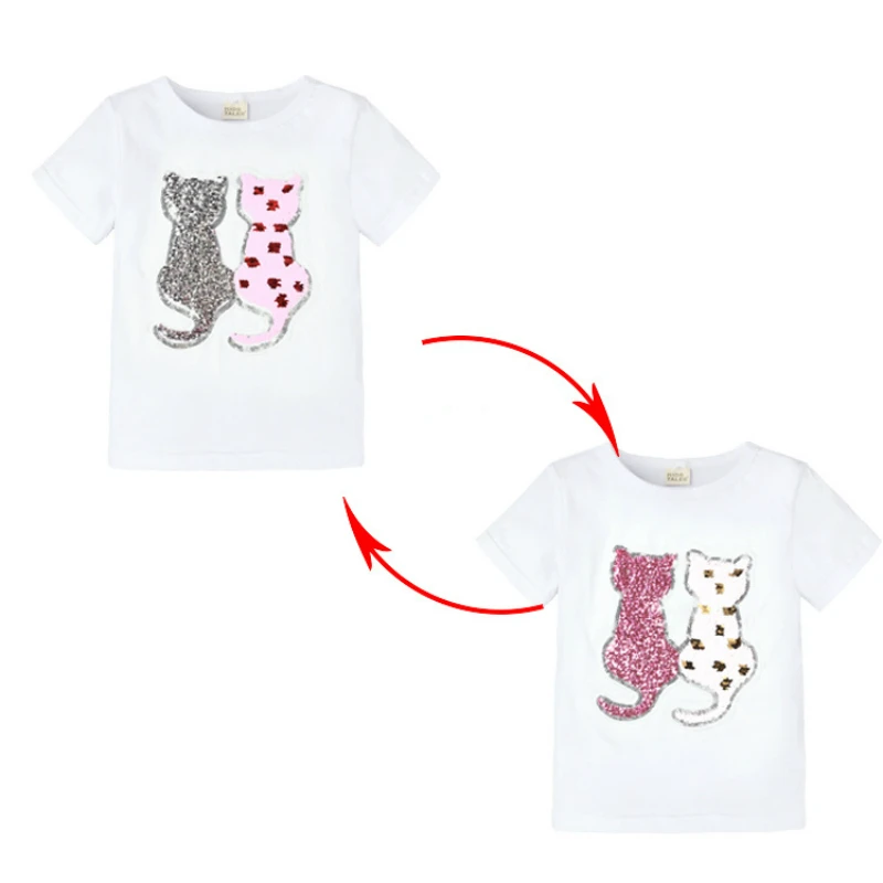 Летние футболки для девочек футболка с блестками меняющая цвет мультяшным котом