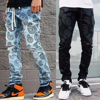 2021 mens ripped jeans new style streetwear new fashion jacquard printing denim trousers casual pencil loose hip hop pants