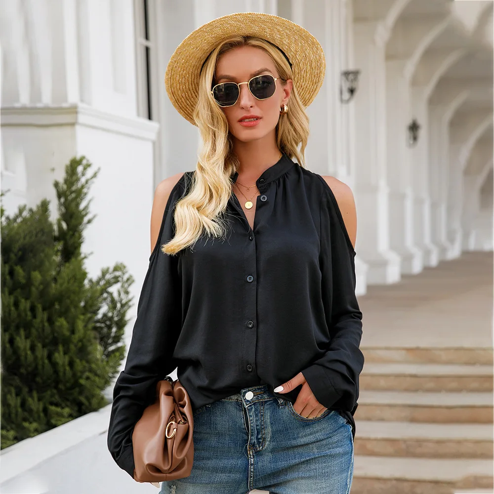 

2021 Summer New Style Cotton O-neck Trendy Bubble Sleeve Long-sleeved Single-breasted Solid Color Shirt For Women