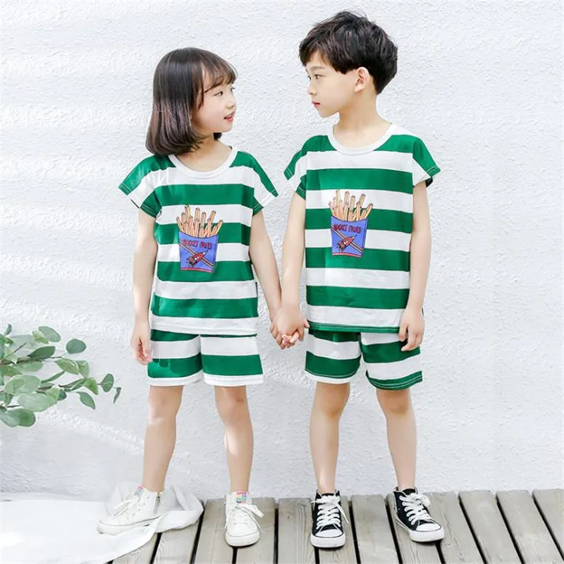

Summer Baby Girls Boys Clothes O-neck Short Sleeve Cartoon Print Lovely T-shirts Geometry Shorts 2pc Thin Cotton Casual Set